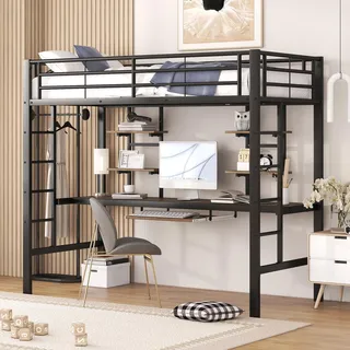 Merax Etagenbett Hochbett 90x200cm Kinderbett mit Schreibtisch, 2 Bücherregalen und Leiter, Bettgestell Metallbett Eisenbett Jugendbett, Schwarz - Schwarz