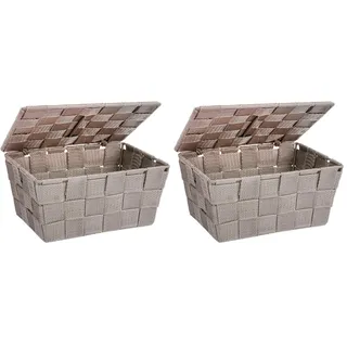 WENKO Aufbewahrungskorb mit Deckel Adria Taupe - Badkorb mit Deckel, Polypropylen, 19 x 10 x 14 cm, Taupe (Packung mit 2)