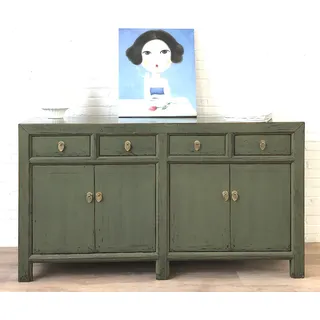 OPIUM OUTLET chinesische Kommode oliv-grau Sideboard Schrank Anrichte Büffet Hochzeitsschrank Möbel Vintage Kolonialstil Shabby Chic Landhaus-Stil asiatisch orientalisch - Grau, dunkelgrün