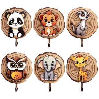 Binnan 6 Stück Kindergarderobe Haken, Kleiderhaken für Kinder in Tierform, Selbstklebender Haken aus Holz, Wandhaken Holz Ohne Bohren, Tiere Klebehaken Garderoben Kinderzimmer Deco Geschenk