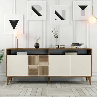 Dmora - Kommode Rotanev, Wohnzimmerbuffet, Wohnzimmer-Sideboard, Moderne Küchen-Speisekammer, 180x35 h79 cm, Walnuss und Creme