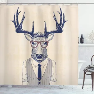 ABAKUHAUS Hipster Duschvorhang, Humanisierte Manly Deer Art, Stoffliches Gewebe Badezimmerdekorationsset mit Haken, 175 x 220 cm, Indigo Champagne