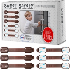 Sweet Safety 6 x TÜV Schadstoff geprüfte Schubladensicherung Baby in braun | Baby Kindersicherung ohne Bohren | Schrankschloss zum Kleben für Kinder | Schloss für Schränke und Schublade