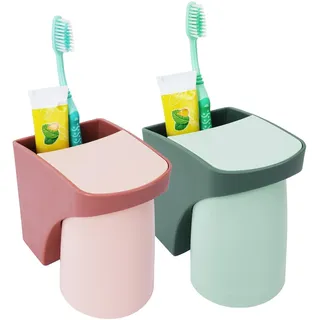 Zythrem 2 Stück Zahnbürstenhalter Zahnputzbecherhalter ohne Bohren Toothbrush Holder Mit Magnetischem Becher Kinder Zahnputzbecher Wand Zahnputzbecher Kunststoff (Grün + Rosa) für Familien