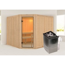 Bild Sauna »Ysla(Eckeinstieg)«, inklusive Ofenschutzgitter und Tür beige