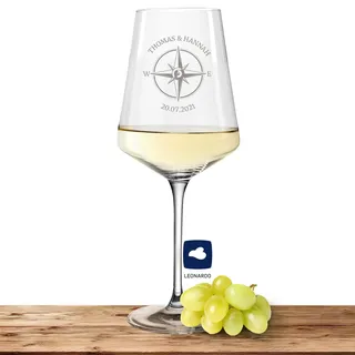 Deitert Leonardo Weißweinglas mit Namen oder Wunschtext graviert - PUCCINI - großes 560ml Glas - personalisiertes Weinglas als Geschenkidee für Männer und Frauen, Motiv Kompass