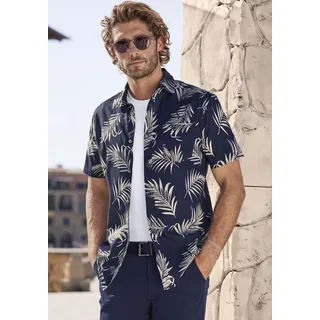 Hawaiihemd JOHN DEVIN "Regular fit", Herren, Gr. XXXL (47/48), N-Gr, blau (navy, creme), Web, Obermaterial: 100% Baumwolle, gemustert, regular fit, Rundhals, abgesteppte Kante, Hemden Hawaiihemd, Kurzarm, Freizeithemd mit Palmenprint aus reiner Baumwolle