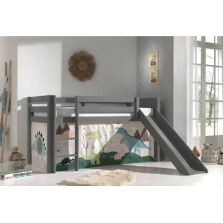 Vipack Halbhohes Bett PINO, mit Rutsche und Textilset "Dino", Ausf. Kiefer massiv grau lackiert - Grau