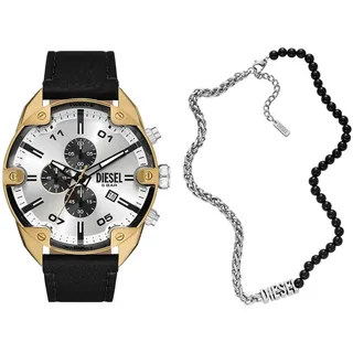Diesel Herren Spiked Schwarze Lederuhr und Font Halskette aus silberfarbenem Edelstahl, Set