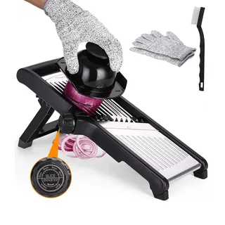 Mandoline Gemüsehobel 5-in-1 Profi Verstellbar Gemüseschneider Multifunktion Gemüsehobel Edelstahl Hobel Gemüse Gurken, Obst, Karotten Schneider mit Reinigungsbürste, Anti-Schneid-Handschuhe
