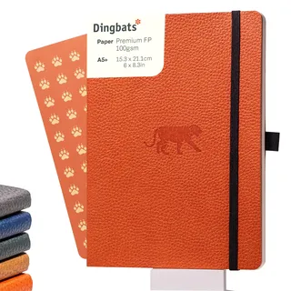 Dingbats* – A5-Notizbuch mit weichem Einband, gepunktet – dicke, perforierte Seiten – aus veganem Leder, mit Lesezeichen und Stifthalter (Orangentiger)