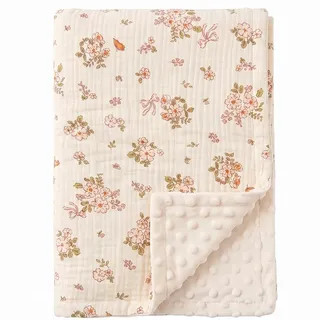 SNOWGAOGAO Babydecke Baumwolle 75x100 cm, Doppelseitig Musselin & Minky Kuscheldecke für Neugeborenen, Weiche Krabbeldecke und Schlafdecken für Kleinkinder Mädchen (Tiny Rose)