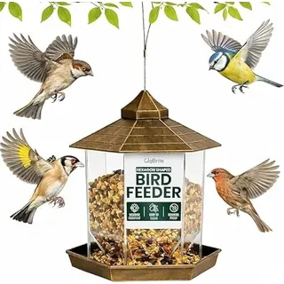 GloBrite Vogelfutterhaus zum Aufhängen, sechseckiges Vogelhaus mit Dach, hängende Futterstation für Wildvögel, wetterfestes Futterhaus für Garten & Balkon, ganzjährig Outdoor, Deko im Hof Heute