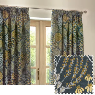 furn. Wylder Nature Ophelia Blumen Jacquard Bleistift Faltenvorhänge, Blue/Saffron