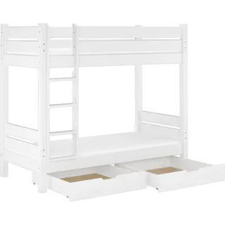 Kiefer-Stockbett massiv weiß 90x200 Etagenbett teilbar Hochbett Zubehör wählbar V-60.16-09WT80Rollrost. Matratzen und Doppelbettkasten inkl. - Weiß
