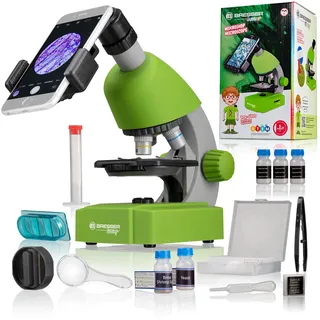 Bresser Junior Kinder Mikroskop 40x-640x mit Led, Zoom-Okular, Smartphonehalter, Urzeitkrebse-Set, ab 8 Jahre grün