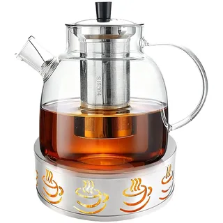 1,8L Teekanne mit Siebeinsatz, Teekanne Glas mit Stövchen, Teewärmer Edelstahl und Edelstahlfilter