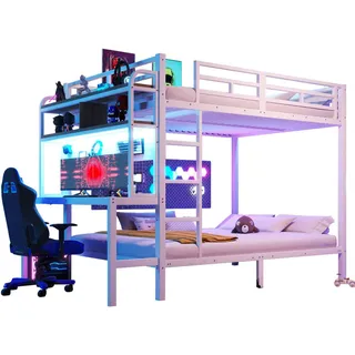 Flieks Etagenbett 140x200cm Weiß Metall LED-Licht Schreibtisch Usb , 140x200 cm , Babymöbel & Kindermöbel, Kinderzimmer & Jugendzimmer, Stockbetten