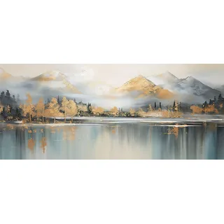 Leinwandbild BÖNNINGHOFF "Wandbild BERGE UND SEE XXL 60x140 cm – Leinwandbild Keilrahmen Deko", blau (farbe bild(er): blau, gold, grau), B:140cm H:60cm T:1,8cm, Canvas, MDF, Bilder, Leinwandbild, auf Keilrahmen gespannt