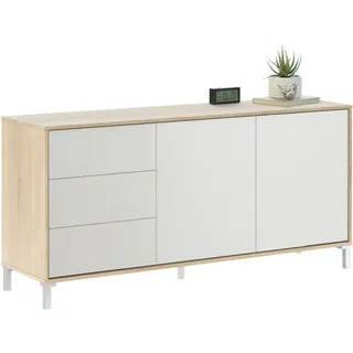 Habitdesign, modernes Sideboard mit 2 Türen und 3 Schubladen – Buffet für Wohnzimmer oder Esszimmer in kanadischer Eiche & Artik weiß, Maße: 154 x 74 x 41 cm (B x H x T), Modell Brooklyn