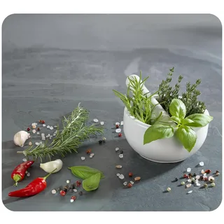 Multi-Platte Mod. Kräuterküche, 3in1 Küchenbrett, Spritzschutz, Herdabdeckplatte, Schneidebrett, Glas, 56 x 50 cm