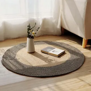 INKAROBOX Handgewebter runder Teppich, Reine Baumwolle, Bauernhaus-Teppiche mit Quasten im Retro-Look, runde Teppiche für Schlafzimmer, Wohnzimmer, Tisch, Büro (Schwarz/Beige, 100 cm Rund)