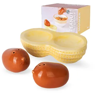 Fisura – Originelles Salz- und Pfefferstreuer-Set „Erdnuss“ aus Keramik. Kreatives Tischzubehör in Nussform, zweiteiliges Dekorationsset für Küche oder Esszimmer. 13 x 6,5 cm