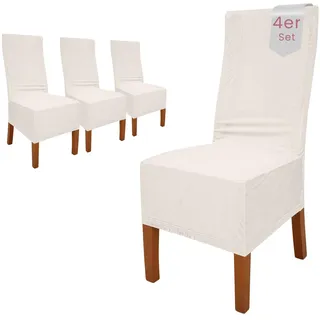 Scheffler Home Stuhlhussen Samt Weiß-Ecru 4er Set Puma – Elastische Stuhlbezüge für Hochlehner und Polsterstühle – Waschbar und formstabil