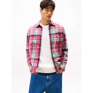 Hemdjacke TOMMY JEANS "TJM UTILITY FLANNEL OVERSHIRT", Herren, Gr. L, vintage cerise, big check, Flanell, Obermaterial: 100% Baumwolle, kariert, normal, 1-Knopf-Manschette, Jacken Hemdjacke, Oversized Fit, Baumwolle