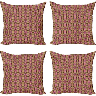 ABAKUHAUS Ethnisch Kissenbezug Set (4 Stück), Abstrakt Folk Tile, Moderner Doppelseitiger Digitaldruck, 60 cm x 60 cm, Rosa blasses Orange - Rosa