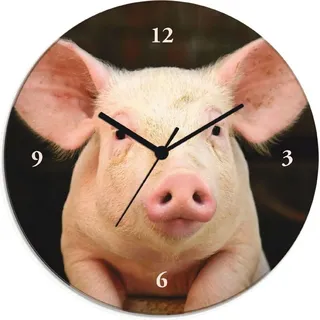 ARTland Glas Wanduhr Quarzuhr - schwarzer Zeiger Vorwitziges Schwein Größe: 30x30 cm - Rosa