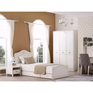 Garnitur Bett Jugendbett Funktionsbett Ausziehbares Set 5tlg Holz Weiß - Weiß
