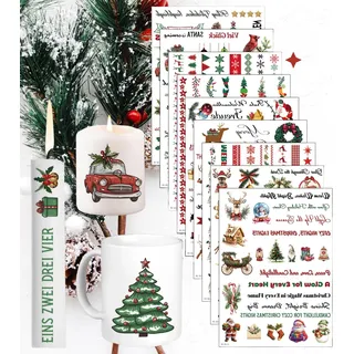 9 Stück Weihnachten Kerzentattoo Wasserschiebefolie(160+ Muster),Kerzenaufkleber,Wassertransferdruck,Wasserschiebefolie kerzen,Kerzenfolie,Kerzen dekorieren,Weihnachten Sprüche und Motive,Geschenkidee