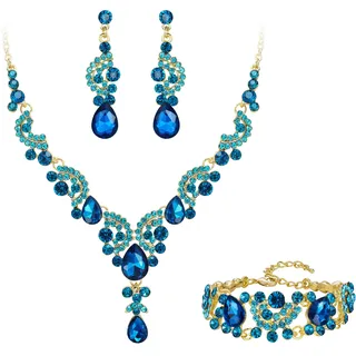 EVER FAITH Kristall Schmuckset Hochzeits Braut Art Deco Floral Teardrop Halskette Ohrringe und Armband Set Himmelblau Gold-Ton
