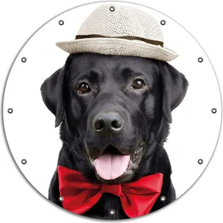 Wallario rundes Outdoor-Poster für Garten oder Balkon, Motiv Schwarzer Labrador Retriever mit roter Fliege und Mütze, 90 cm Durchmesser - Weiß