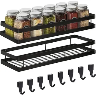Auciej Gewürzregal Ohne Bohren Küchenregal wand Gewürzregal Hängend Metall 2 Etagen mit 8 Abnehmbaren Haken Duschablage für Küche Badezimmer Balkon 35 x 12 x 5,7 cm, Schwarz