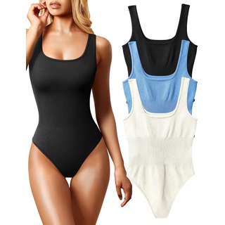 OQQ Damen-Bodysuit, 3-teilig, sexy, gerippt, ärmellos, quadratischer Ausschnitt, L