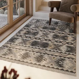 Green Looop Wollteppich GREEN LOOOP "Balou", grau (hellgrau), B:160cm H:5mm L:230cm, Wolle, Teppiche, Fransen, Kelim, handgewebt, Natur, Wohnzimmer, Schlafzimmer, Ethno