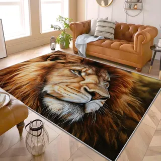 PaxGloz Löwenkopf Teppich - Teppiche Wohnzimmer Schlafzimmer Löwe 3D, Kleiner Teppich Afrika Tiere, Weich Kurzflor & Waschbar & rutschfest Fussmatte Innen, Kinderteppich 60x90 cm