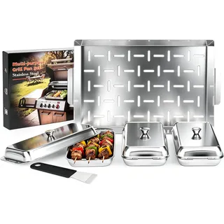 Heimlyn Edelstahl Grillpfännchen 4-teilig Set, Vielseitige Grillschalen für Gas-, Holzkohle- & Ofengrill, Universell Einsetzbaren Grillschalen für Gemüse, Fleisch, Käsefondue, Spülmaschinengeeignet