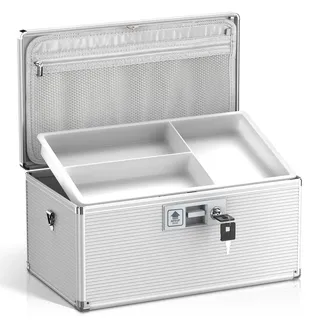Medikamentenbox abschließbar mit Schlüssel, Aluminiumlegierung, herausnehmbares Tablett, Silber, Extra groß, 25x17.5x17.5cm