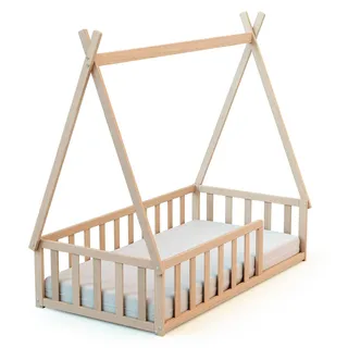 WEBABY - Bodenbett Babybett Holz 70 x 140 cm Buche Natur | Gitterbett mit Lattenrost inklusive | Schlafkomfort | Autonomie | MassivHolz | Cabane - Beige