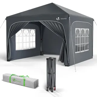 VOUNOT® Pavillon 3x3m mit 4 Seitenteilen & 4 Sandsäcke, Pop Up Faltpavillon, Wasserdicht, Faltbar Gartenzelt Partyzelt, inkl. Tasche, Grau