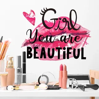 WandSticker4U®- Wandtattoo Sprüche Mädchen GIRL YOU ARE BEAUTIFUL (28x37 cm) I Wandtattoo Mädchenzimmer Spruch Beauty Zitat Herz Lippen I Wand Deko Jugendzimmer Mädchen Teenager Schminktisch COOL