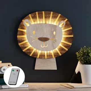 Lights4fun Holz-Wandlampe Löwe | mit 36 warmweißen LEDs | Batteriebetrieben | Nachtlicht Wandleuchte | mit Fernbedienung & Timer | Deko Kinderzimmer für Jungen & Mädchen