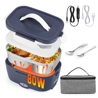 80W Elektrische Lunchbox Speisenwärmer Auto 3 In 1(12V/24V/220V) 1,5L mit Gabel Löffel, Abnehmbare Edelstahl Heizungs Lunchbox Elektrisch Brotdose, Tragbarer Warmhaltebehälter für LKW Haushalt Camping