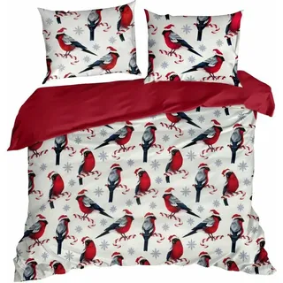 EUROFIRANY | Bettwäsche - Weihnachtsbettwäsche - 160 x 200 cm - Weiß Rot Vögel - Bettgarnitur - Weihnachten - Xmas - Weiß, Rot