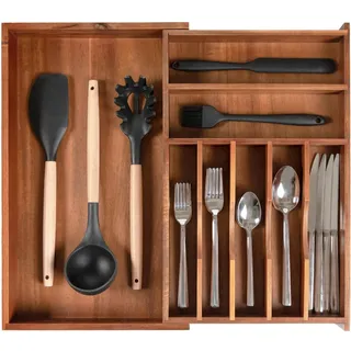 KitchenEdge Premium Besteck- und Utensilien-Organizer für Küchenschubladen, erweiterbar auf 83 cm breit, 11 Fächer, 100% Acacia