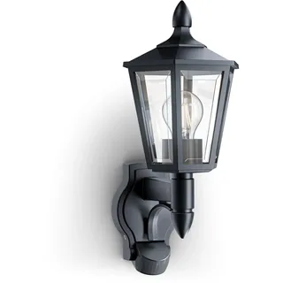 Steinel Außenleuchte L 16 S Schwarz mit Bewegungsmelder – Wandleuchte für Außen, 180° PIR-Sensor bis 10 m, Dämmerungsschalter, IP44 wetterfest, E27-Fassung, Außenbeleuchtung für Haus und Terrasse