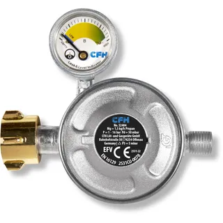 CFH Gasdruckregler 50 mbar mit Manometer DRF 404 - Druckminderer für Gasflasche mit Füllstandsanzeige, Eingang G.12, Ausgang H.4 1/4", gemäß EN 16129, Durchfluss 1,5 kg/h, ideal für Gasgrills